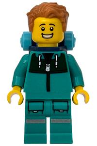 Sequoia Tree Trail Hiker Minifigure - Male Sequoia Tree Trail Hiker with medium nougat hair, dark turquoise jacket with dark green panel, legs with silver reflective stripes, and a backpack - bdp291