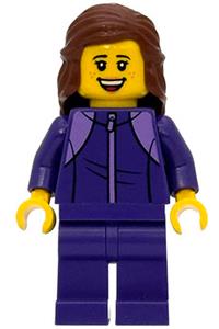 Sequoia Tree Trail Hiker Minifigure - Female Sequoia Tree Trail hiker with reddish brown mid-length hair, wearing a dark purple tracksuit - bdp292
