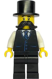Gold Mine Wagon Driver Minifigure - Male Gold Mine Wagon Driver with a black vest, blue striped tie, black legs, black top hat, and large moustache - bdp294