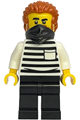 Male Gold Mine Prisoner with dark orange swept back hair and ponytail, black bandana, white shirt with pocket and black stripes, and black legs - bdp295