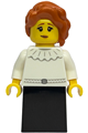 Gold Mine Lady wearing a white dress with ruffled collar, black lower body skirt, and dark orange hair styled with a braid - bdp296