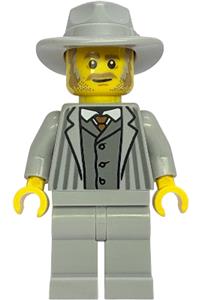 Gold Mine Gentleman Minifigure - Gold Mine Gentleman wearing a light bluish gray pinstriped jacket, matching legs, and a fedora - bdp297