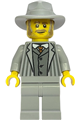 Gold Mine Gentleman wearing a light bluish gray pinstriped jacket, matching legs, and a fedora - bdp297