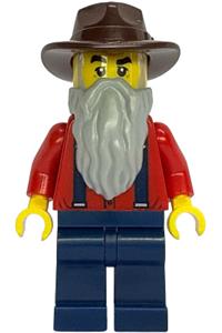 Gold Mine Prospector Minifigure - Male gold mine prospector with a dark brown fedora, light bluish gray beard, red shirt with tan tie, and dark blue legs - bdp298