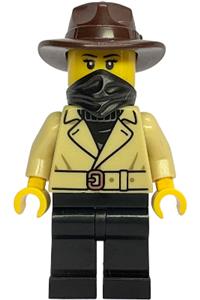 Female Gold Mine Bandit Minifigure - Female gold mine bandit wearing a tan jacket over a black sweater, black legs, dark brown fedora, and black bandana - bdp300