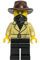 Female gold mine bandit wearing a tan jacket over a black sweater, black legs, dark brown fedora, and black bandana - bdp300