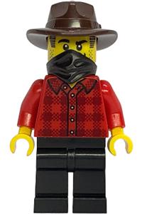 Male Gold Mine Bandit Minifigure - Male Gold Mine Bandit wearing a red plaid flannel shirt, black legs, a dark brown fedora, and a black bandana - bdp301