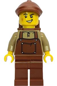 Male Gold Mine Miner Minifigure - Male Gold Mine Miner wearing a dark tan shirt with reddish brown apron, reddish brown legs, flat cap, and backpack - bdp303
