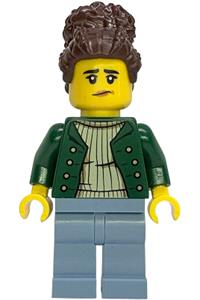 Female Gold Mine Worker Minifigure - Female gold mine worker with dark brown coiled hair in a bun, wearing a dark green open jacket and sand blue legs - bdp304