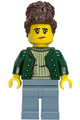 Female gold mine worker with dark brown coiled hair in a bun, wearing a dark green open jacket and sand blue legs - bdp304
