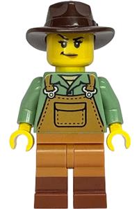 Female Gold Mine Miner Minifigure - Female gold mine miner wearing medium nougat overalls over a sand green shirt, dark tan legs with molded reddish brown boots, and a dark brown fedora - bdp305