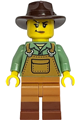 Female gold mine miner wearing medium nougat overalls over a sand green shirt, dark tan legs with molded reddish brown boots, and a dark brown fedora - bdp305