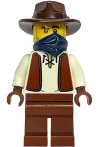 Male Gold Mine Miner Minifigure - Male gold mine miner wearing a white shirt with reddish brown vest, reddish brown legs, dark brown fedora, and dark blue bandana - bdp306