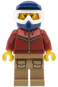Female Mountain Bike Cyclist - Female mountain bike cyclist wearing a dark red and coral jogging suit, dark tan legs with pockets, dark blue dirt bike helmet, and white goggles - bdp307