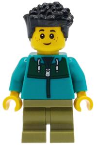 Boy Camper Minifigure - Boy child with black hair wearing a dark turquoise jacket with a dark green panel and olive green medium legs - bdp308