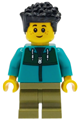 Boy child with black hair wearing a dark turquoise jacket with a dark green panel and olive green medium legs - bdp308