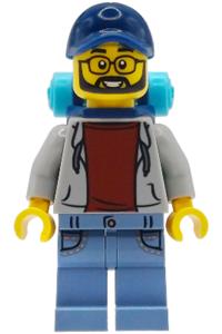 Male Camper Minifigure - Male camper wearing a light bluish gray hoodie with a dark red shirt, sand blue legs with pockets, dark blue cap, and backpack - bdp309