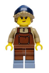 Privateer Frigate Fortuna Carpenter - Female Privateer Frigate Fortuna Carpenter with dark tan hair wearing a dark blue beanie, reddish brown apron and sand blue legs - bdp315