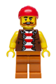 Male Privateer Frigate Fortuna Sailor wearing a reddish brown vest over a red and white striped shirt, dark orange legs and a red bandana - bdp316