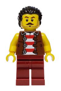 Privateer Frigate Fortuna Sailor - Male Privateer Frigate Fortuna sailor with black hair wearing a reddish brown vest over a red and white striped shirt and dark red legs - bdp317