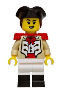 Privateer Frigate Fortuna Marine - Female Privateer Frigate Fortuna Marine with reddish brown hair, black tricorne, tan coat, red epaulettes, and white legs with black boots, open mouth crooked smile - bdp319