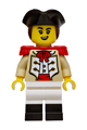 Female Privateer Frigate Fortuna Marine with reddish brown hair, black tricorne, tan coat, red epaulettes, and white legs with black boots, open mouth crooked smile - bdp319