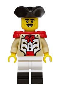 Privateer Frigate Fortuna Marine - Male Privateer Frigate Fortuna Marine with a tan coat, white legs with black boots, red epaulettes, black tricorne hat and black moustache - bdp320