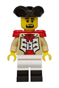 Privateer Frigate Fortuna Marine - Male Privateer Frigate Fortuna Marine with black tricorne hat, tan coat, red epaulettes, black goatee, and white legs with black boots - bdp321