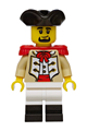 Male Privateer Frigate Fortuna Marine with black tricorne hat, tan coat, red epaulettes, black goatee, and white legs with black boots - bdp321