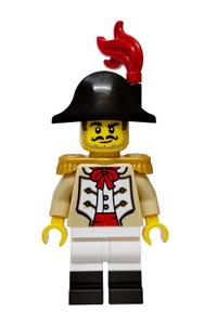 Privateer Frigate Fortuna Captain - Male captain of the Privateer Frigate Fortuna wearing a tan coat with pearl gold epaulettes, a black bicorne hat with red plume, white legs with black boots - bdp322