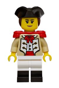 Privateer Frigate Fortuna Marine - Female Privateer Frigate Fortuna Marine with reddish brown hair and nougat smile, wearing a black tricorne, tan coat, red epaulettes, white legs with black boots - bdp323