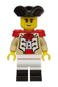 Privateer Frigate Fortuna Marine - Male Privateer Frigate Fortuna Marine with a tan coat, red epaulettes, black tricorne, white legs with black boots and a lopsided grin - bdp324