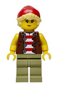 Privateer Frigate Fortuna Sailor - Female Privateer Frigate Fortuna sailor with bright light yellow hair, red beanie, reddish brown vest over red and white striped shirt and olive green legs - bdp326