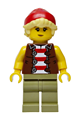 Female Privateer Frigate Fortuna sailor with bright light yellow hair, red beanie, reddish brown vest over red and white striped shirt and olive green legs - bdp326