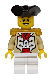 Privateer Frigate Fortuna Midshipman - Male privateer midshipman with a tan coat, pearl gold epaulettes, a black tricorne hat and white medium legs - bdp327