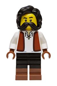 Privateer Frigate Fortuna Sailmaker - Male Privateer Frigate Fortuna Sailmaker with black hair and moustache, wearing a white shirt with reddish brown vest, and black legs with reddish brown boots - bdp332