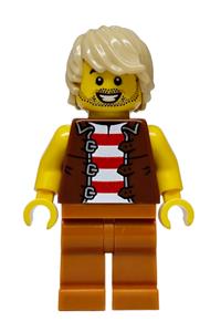 Privateer Frigate Fortuna Sailor - Male Privateer Frigate Fortuna sailor with tan hair wearing a reddish brown vest over a red and white striped shirt and dark orange legs - bdp333