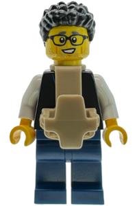 Sushi Restaurant Customer Koichi - Male Sushi Restaurant Customer with black vest and blue striped tie, dark blue legs, black hair, glasses and dark tan baby carrier (Koichi) - bdp335