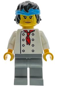Sushi Restaurant Chef Naomi - Female Sushi Restaurant Chef with white torso with 8 buttons, dark bluish gray legs, black ponytail and dark azure bandana headband (Naomi) - bdp336