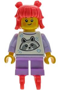 Sushi Restaurant Customer Child Mei - Girl sushi restaurant customer with coral hair in buns, white top with raccoon, medium lavender short legs and inline skates (Mei) - bdp338