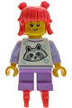 Girl sushi restaurant customer with coral hair in buns, white top with raccoon, medium lavender short legs and inline skates (Mei) - bdp338