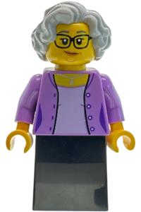Sushi Restaurant Owner Fumiko - Female sushi restaurant owner named Fumiko with light bluish gray hair and glasses, wearing a medium lavender jacket and black skirt - bdp343