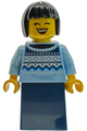 Female sushi restaurant customer with black Minori hair, wearing a bright light blue knit Fair Isle sweater and a dark blue skirt - bdp345