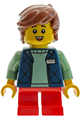 Boy sushi restaurant customer with reddish brown hair (Yusuke) wearing a dark blue bodywarmer over a sand green sweater and red short legs - bdp346