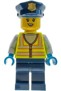 Sushi Restaurant Crossing Guard Natsuki - Female sushi restaurant crossing guard wearing a neon yellow safety vest with reflective stripes, and a dark blue police hat and legs (Natsuki) - bdp347