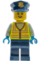 Female sushi restaurant crossing guard wearing a neon yellow safety vest with reflective stripes, and a dark blue police hat and legs (Natsuki) - bdp347