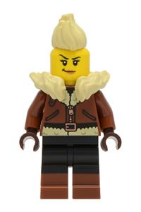 Female Raider Minifigure - Female raider with tan hair wearing a reddish brown jacket with a tan fur collar - bdp354
