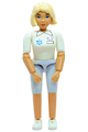 Female Belville figure dressed as a medic with light blue shorts, white shirt with EMT star of life pattern, light yellow hair, and skirt - belvfem12a