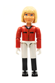 Female Belville figure is a horse rider with white shorts, red shirt, brown hair, and a bow - belvfem16