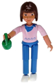 Female Belville minifigure with blue pants, wearing a pink shirt with a blue scarf pattern, and brown hair - belvfem34